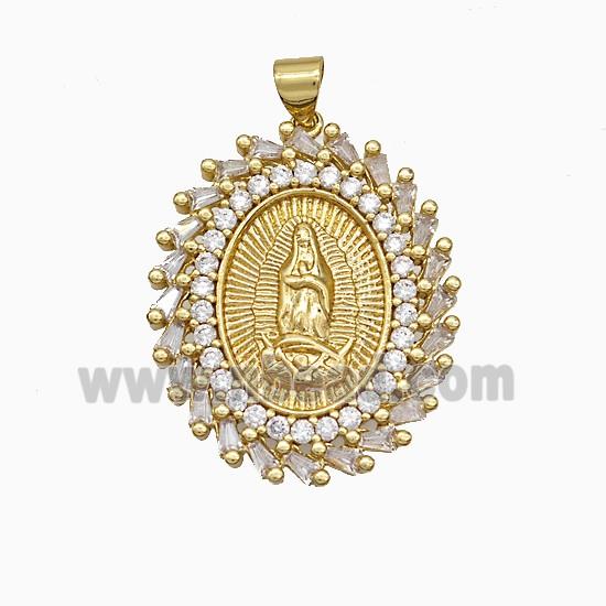 Copper Virgin Mary Pendant Pave Zirconia Oval Gold Plated