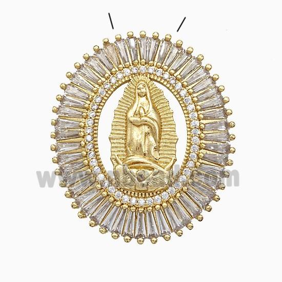 Copper Virgin Mary Pendant Pave Zirconia Oval Gold Plated