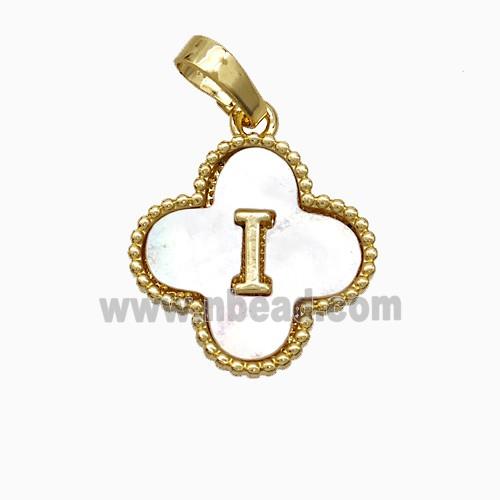 Copper Clover Pendant Pave Shell Letter-I 18K Gold Plated