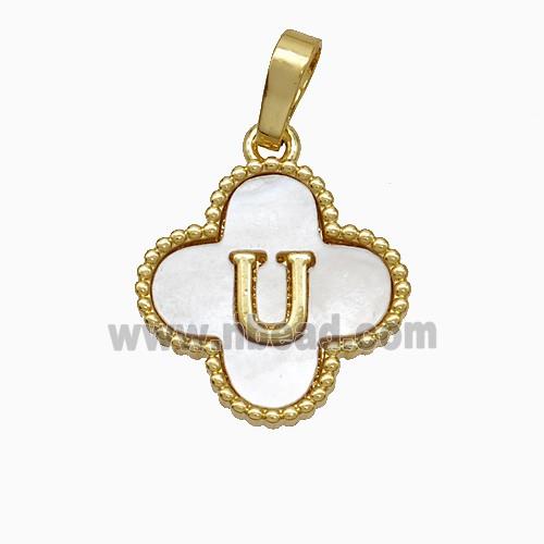 Copper Clover Pendant Pave Shell Letter-U 18K Gold Plated