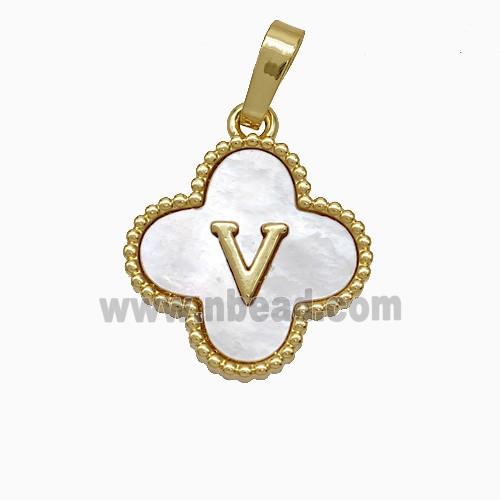 Copper Clover Pendant Pave Shell Letter-V 18K Gold Plated
