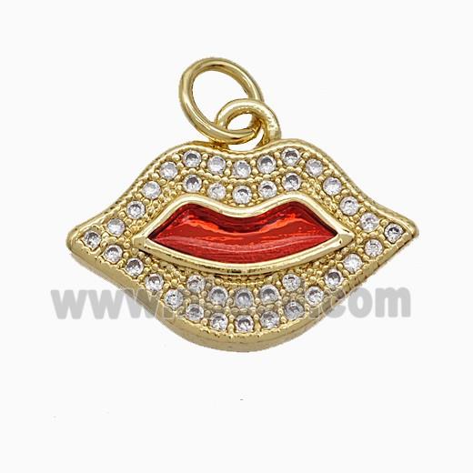 Copper Lips Pendant Pave Zirconia Red Painted 18K Gold Plated