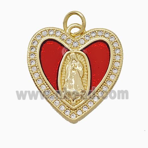 Copper Jesus Heart Pendant Pave Zirconia Red Painted 18K Gold Plated