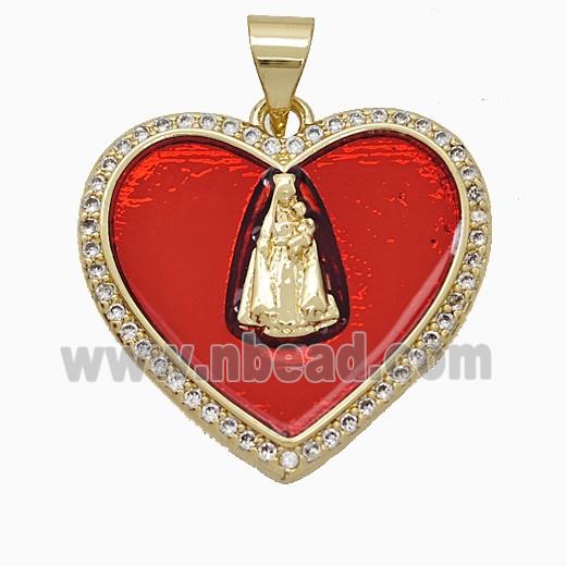 Copper Virgin Mary Heart Pendant Pave Zirconia Red Painted 18K Gold Plated