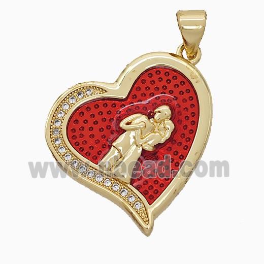Copper Couple Heart Pendant Pave Zirconia Red Painted 18K Gold Plated