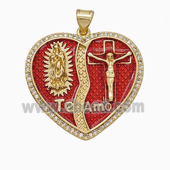 Copper Jesus Heart Pendant Pave Zirconia Red Painted Ankh 18K Gold Plated