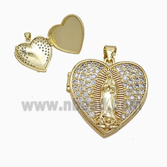 Copper Jesus Locket Pendant Pave Zirconia Heart 18K Gold Plated