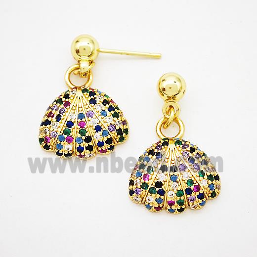 Scallop Shell Copper Stud Earrings Pave Zirconia Gold Plated