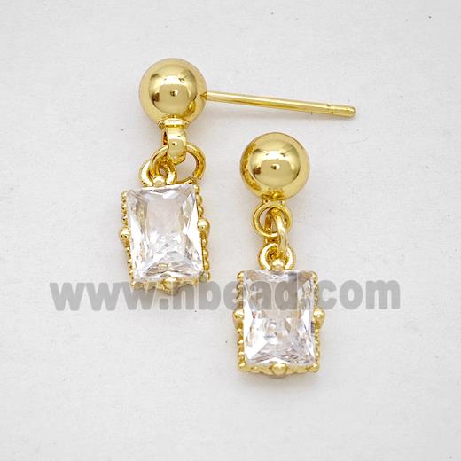 Copper Rectangle Stud Earrings Pave Crystal Glass Gold Plated