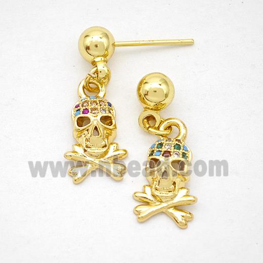Copper Skull Stud Earrings Pave Zirconia Gold Plated