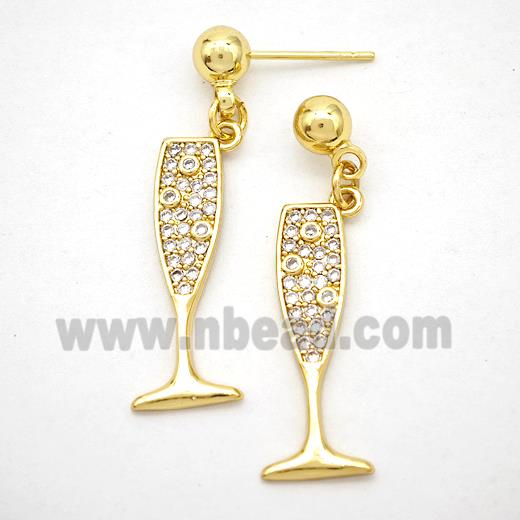 Copper Wine Cup Stud Earrings Pave Zirconia Gold Plated