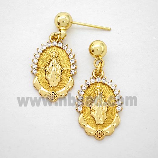 Copper Virgin Mary Stud Earrings Pave Zirconia Gold Plated