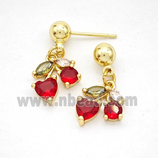 Copper Cherry Stud Earrings Pave Zirconia Gold Plated