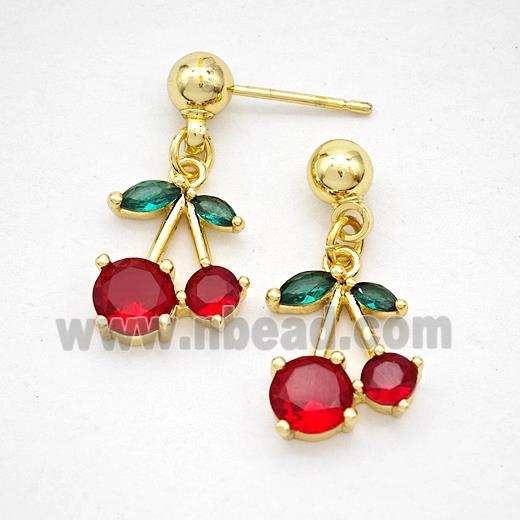 Copper Cherry Stud Earrings Pave Zirconia Gold Plated