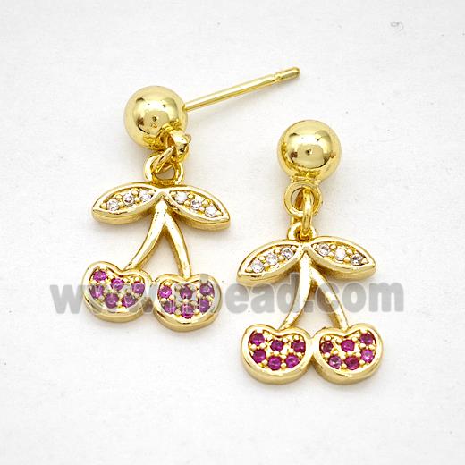 Copper Cherry Stud Earrings Pave Zirconia Gold Plated