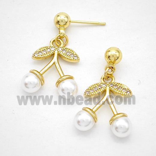 Copper Cherry Stud Earrings Pave Zirconia Pearlized Resin Gold Plated