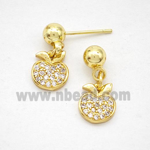 Copper Apple Stud Earrings Pave Zirconia Gold Plated