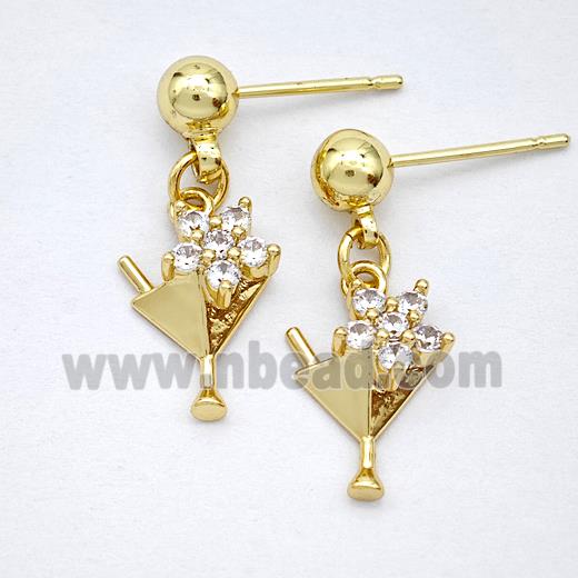 Copper Stud Earrings Pave Zirconia IceCream Drink Cup Gold Plated