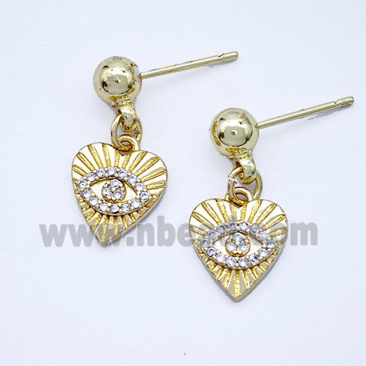 Copper Heart Eye Stud Earrings Pave Zirconia Gold Plated