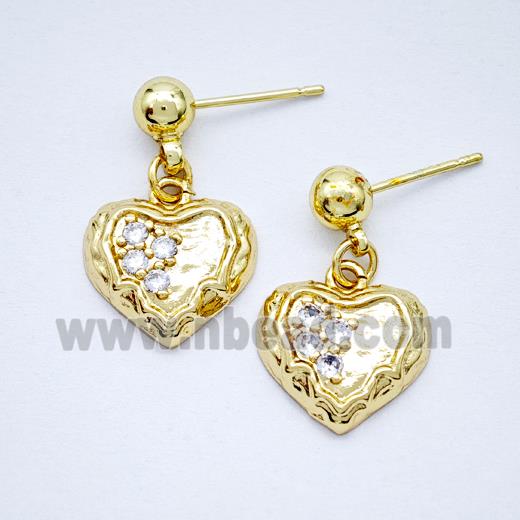 Copper Heart Stud Earrings Pave Zirconia Gold Plated