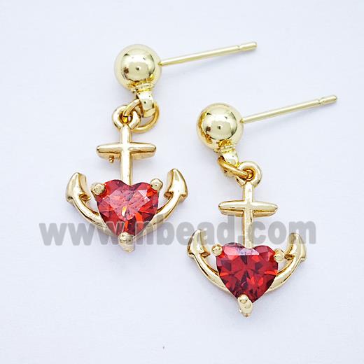 Copper Anchor Stud Earrings Pave Zirconia Gold Plated