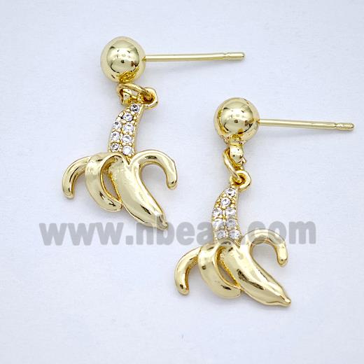 Copper Banana Stud Earrings Pave Zirconia Gold Plated