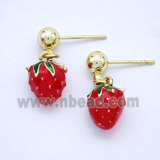 Copper Strawberry Stud Earrings Red Enamel Gold Plated