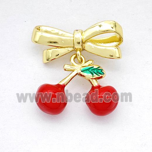 Copper Bowknot And Cherry Earrings Red Enamel Gold Plated