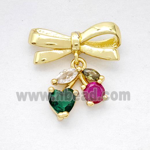Copper Bowknot And Cherry Earrings Pave Zirconia Gold Plated