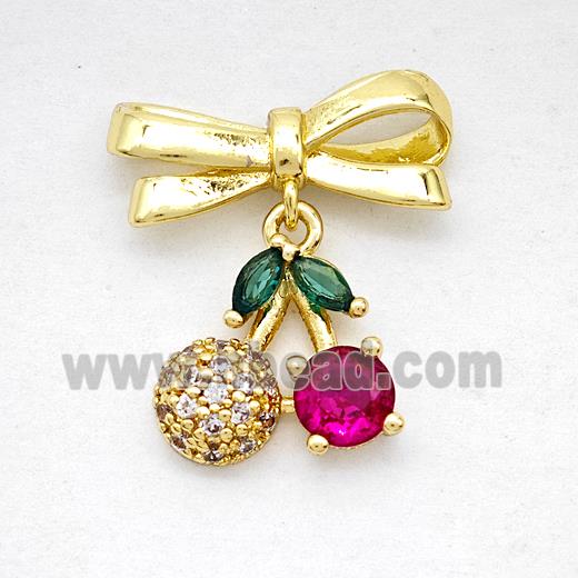 Copper Bowknot And Cherry Earrings Pave Zirconia Gold Plated