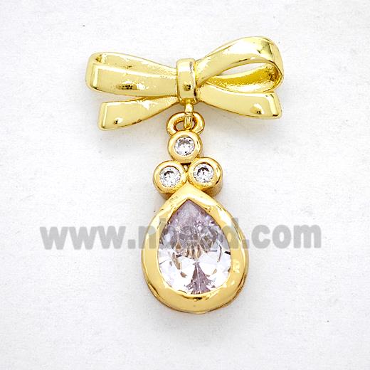 Copper Bowknot And Teardrop Earrings Pave Zirconia Gold Plated