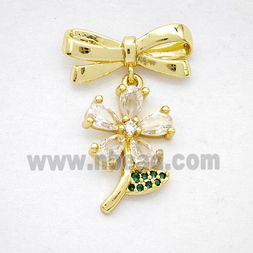 Copper Bowknot And Clover Earrings Pave Zirconia Gold Plated