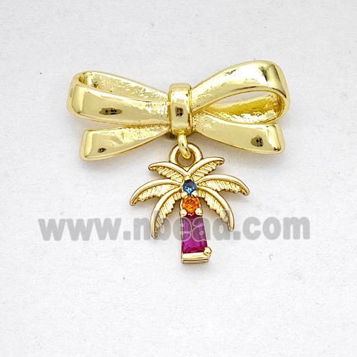 Copper Bowknot And Coconut Tree Earrings Pave Zirconia Gold Plated
