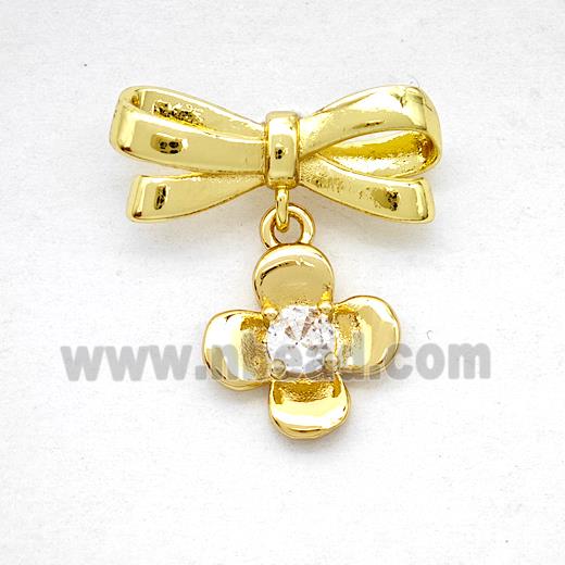 Copper Bowknot And Flower Earrings Pave Zirconia Gold Plated