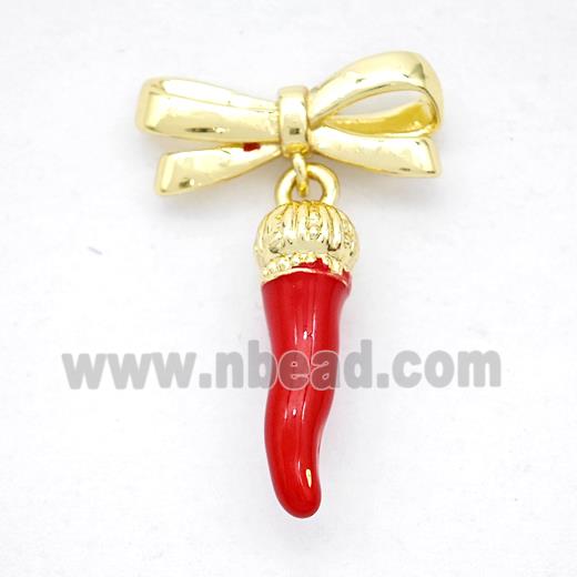 Copper Bowknot And Chili Earrings Red Enamel Gold Plated