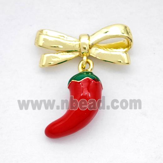 Copper Bowknot And Chili Earrings Red Enamel Gold Plated
