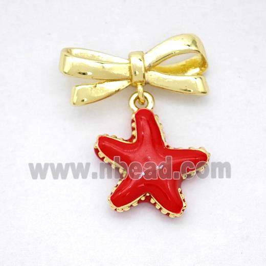 Copper Bowknot And Starfish Earrings Red Enamel Gold Plated
