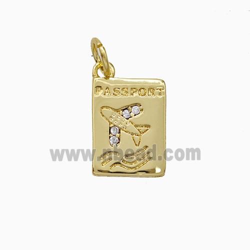 Passport Card Charms Copper Pendant Pave Zirconia Airplane Gold Plated