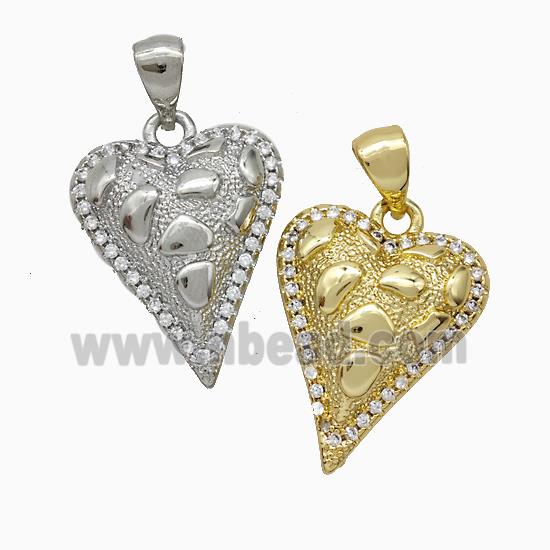 Copper Heart Pendant Pave Zirconia Hammered Mixed