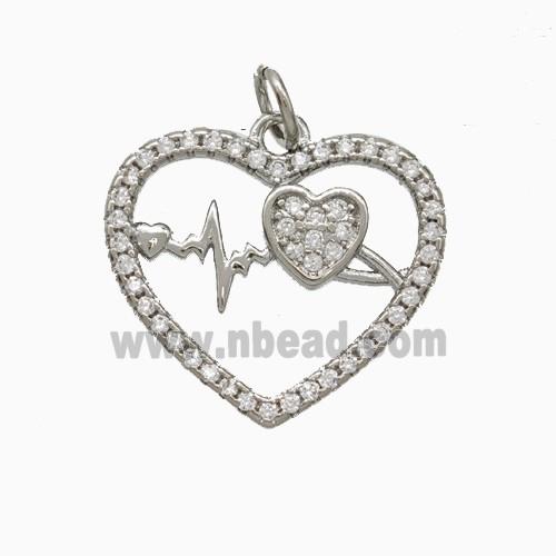 Copper Heart Pendant Pave Zirconia Heartbeat Platinum Plated