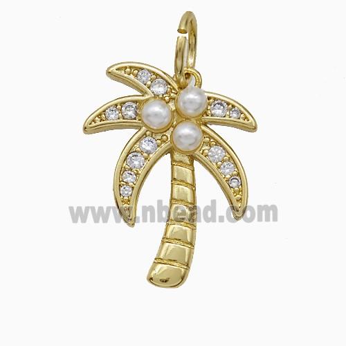 Copper Coconut Tree Pendant Pave Zirconia Pearlized Resin Palm Gold Plated