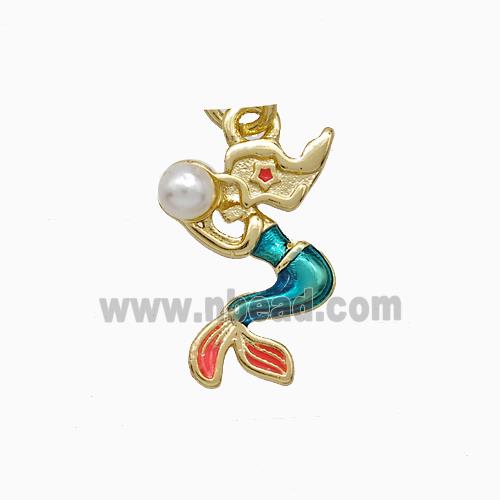 Copper Mermaid Pendant Pave Pearlized Resin Painted Gold Plated