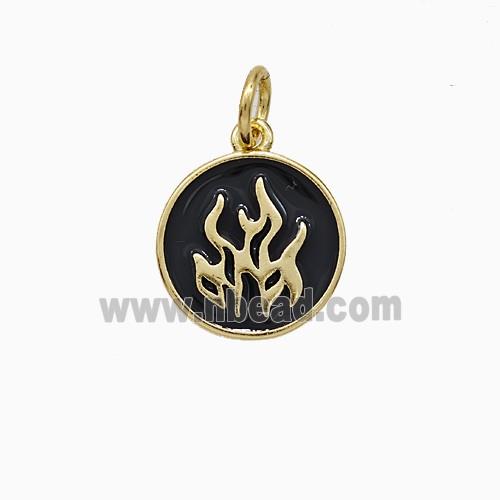 Fire Flame Charms Copper Pendant Black Enamel Circle Gold Plated
