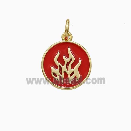 Fire Flame Charms Copper Pendant Red Enamel Circle Gold Plated