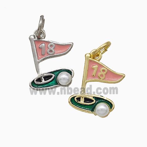 Golf Course Charms Copper Pendant Pave Pearlized Resin Pink Enamel Flag Sports Mixed