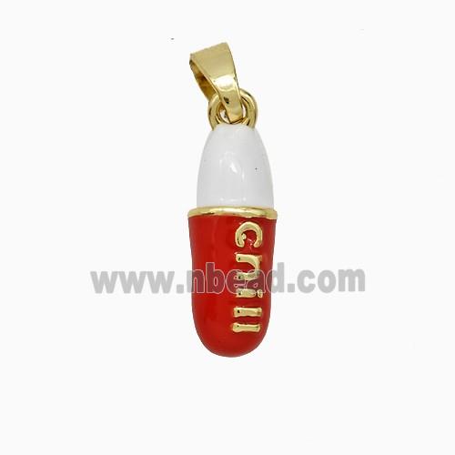 Pill Charms Copper Pendant Red Enamel Gold Plated