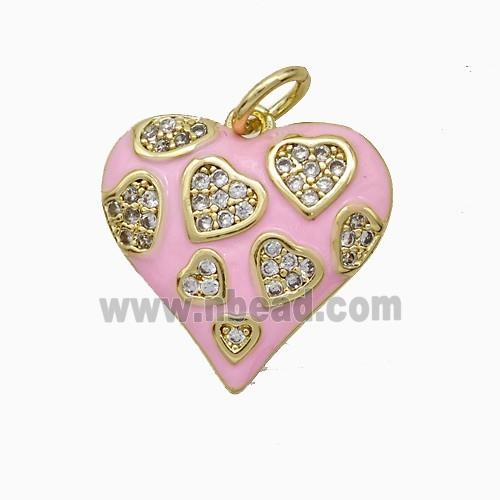 Copper Heart Pendant Pave Zirconia Pink Enamel Gold Plated