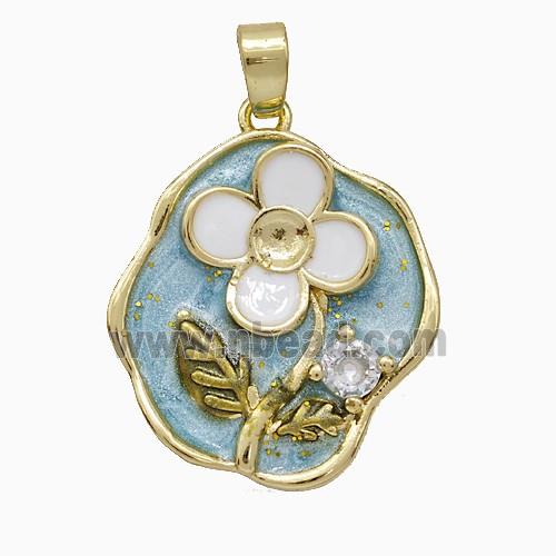 Copper Flower Pendant Pave Zirconia Blue Painted Gold Plated