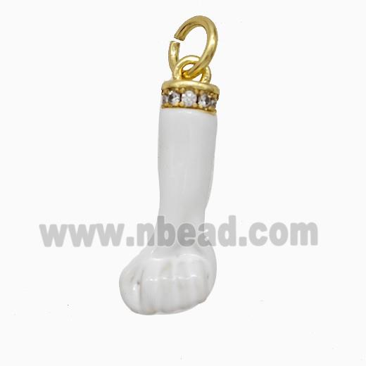 Copper Hand Pendant Pave Zirconia White Enamel Fist Gold Plated