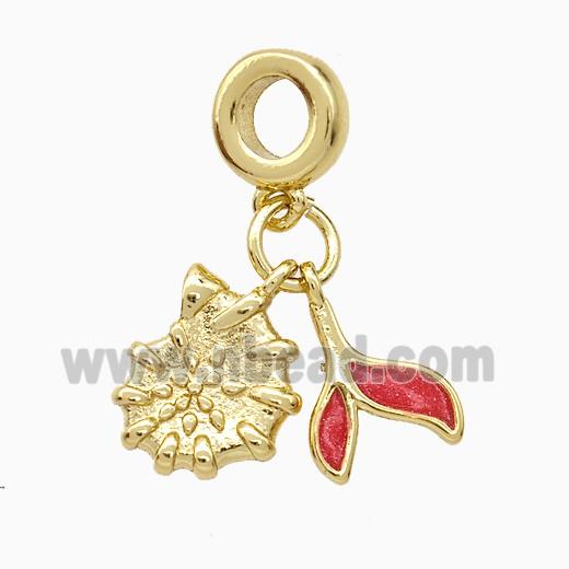 Copper Spiral Shell And Mermaid-Tail Pendant Red Painted Gold Plated
